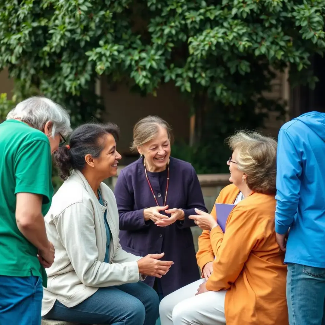 Caregivers sharing experiences, discussing support strategies, fostering connections.