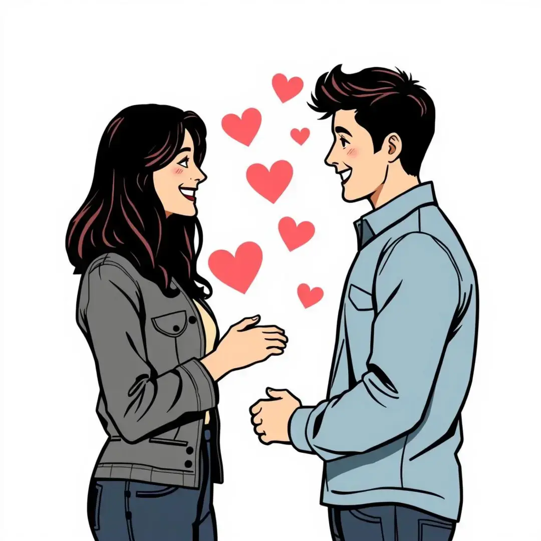 Two people smiling, discussing, holding hands, with heart visuals.