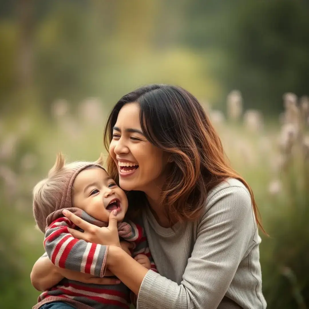 Mother and child laughing together, sharing a joyful moment.