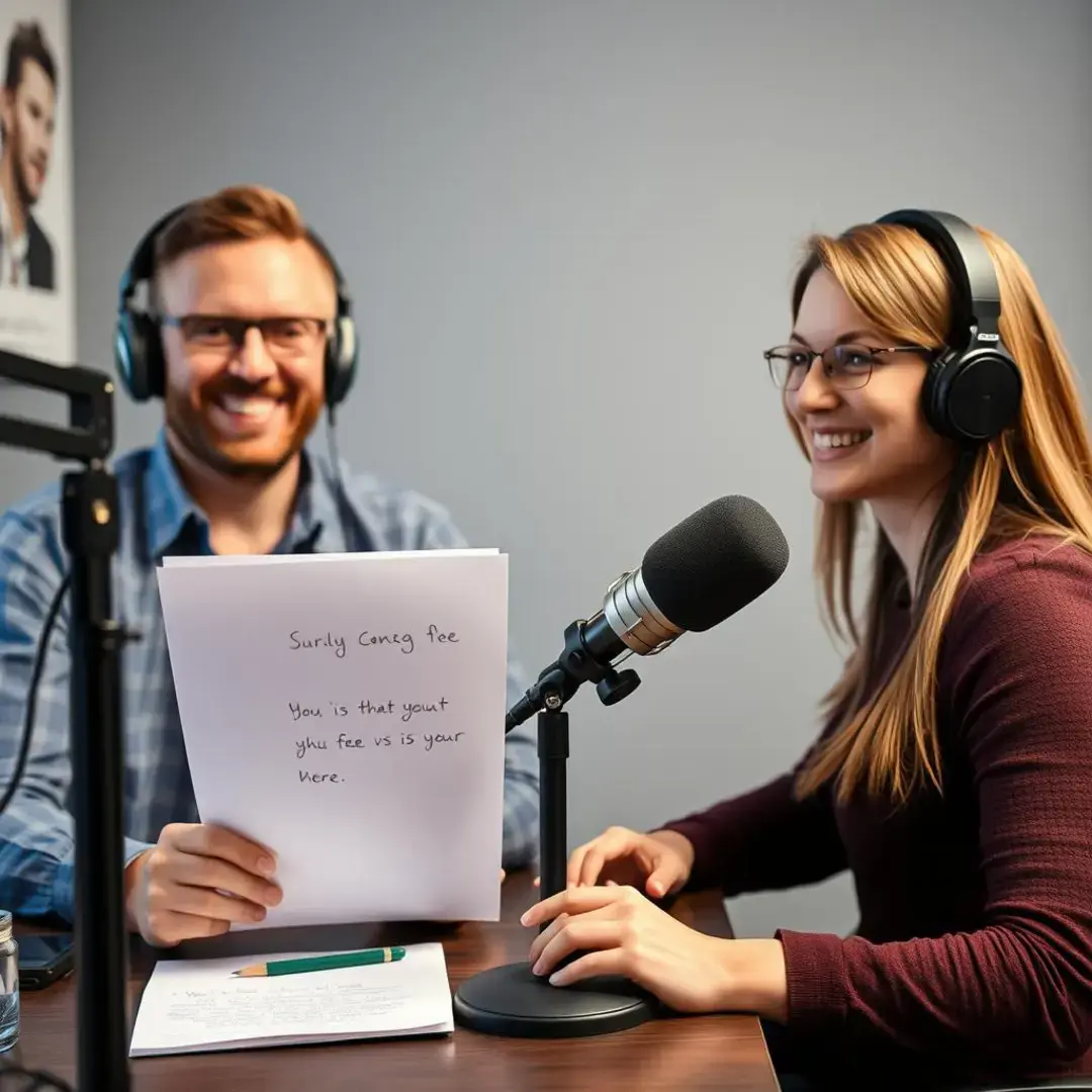 Microphone, headphones, smiling hosts, notes, supportive atmosphere.