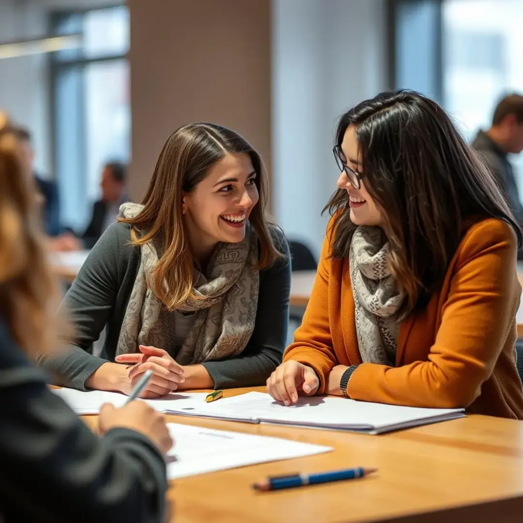 Two women smiling, discussing over a table with notes.