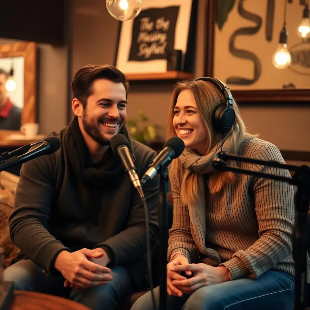 Two hosts smiling, microphones, cozy setting, insightful discussion vibes.