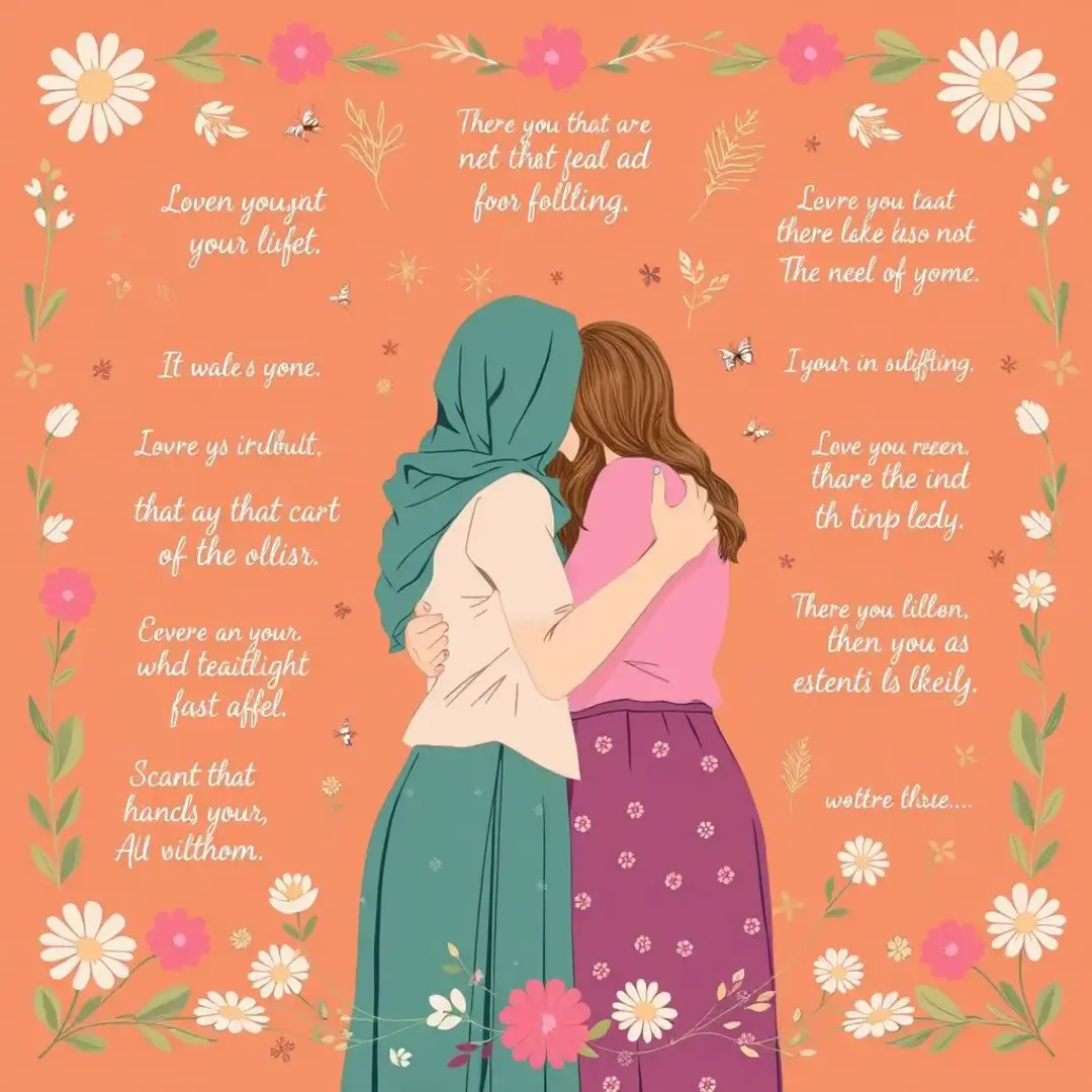 Two women embracing, surrounded by uplifting quotes and symbols.