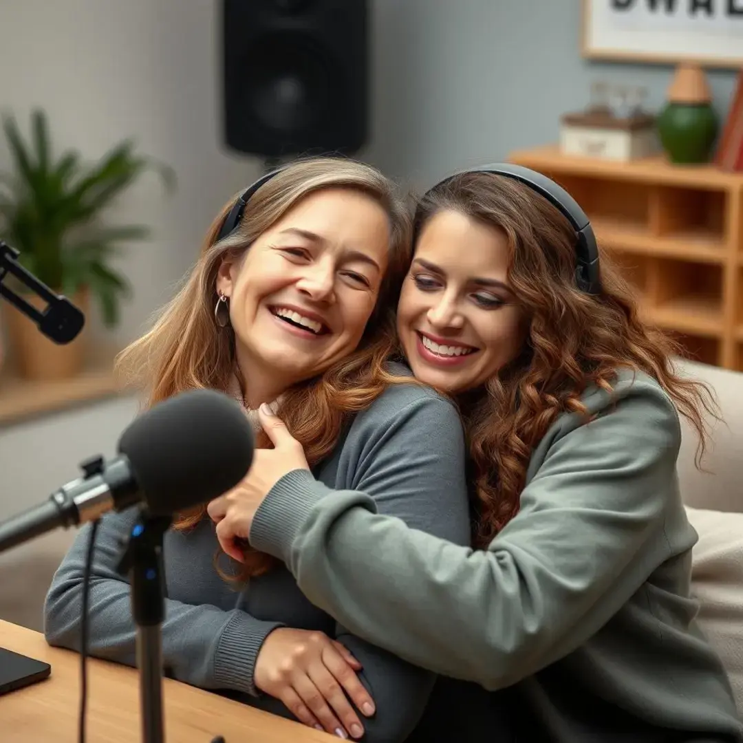 Mother and daughter embracing, smiling, with podcast equipment nearby.