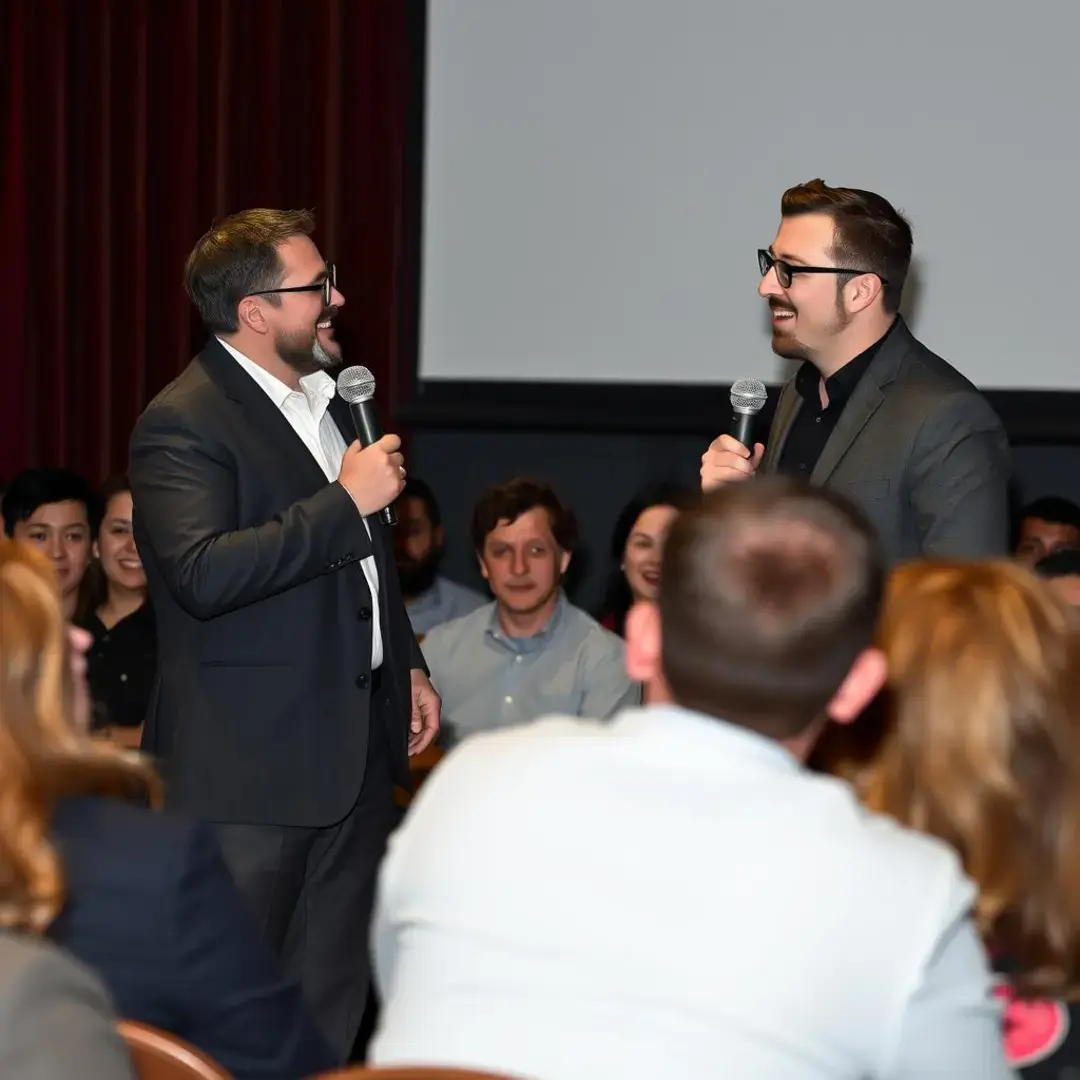 Two comedians sharing laughs with an engaged audience.