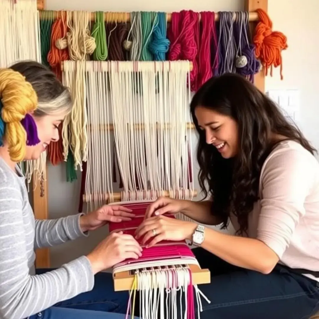 Colorful yarns, looms, hands weaving, engaged faces, collaborative spirit.