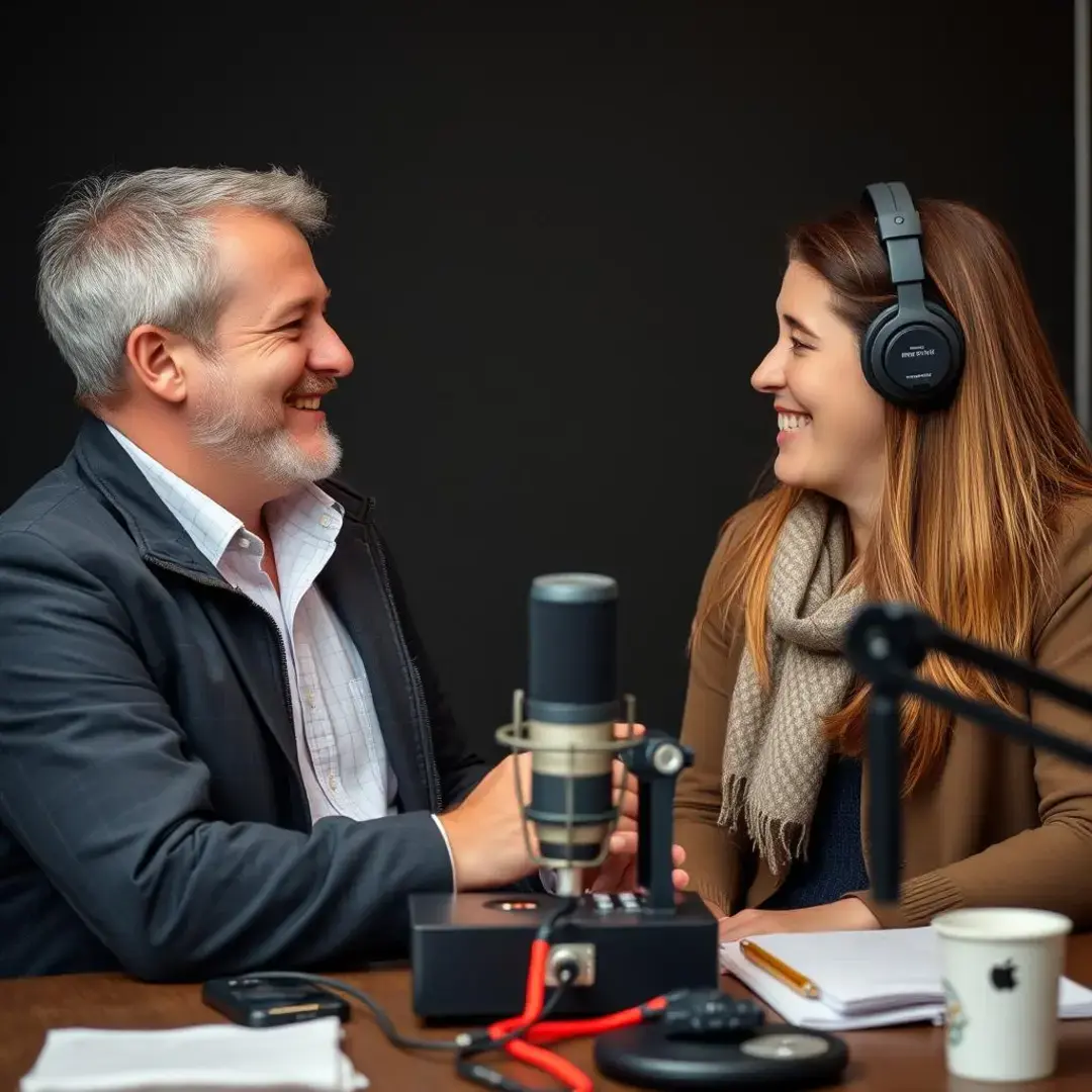 Two people discussing, smiling, with podcast equipment between them.