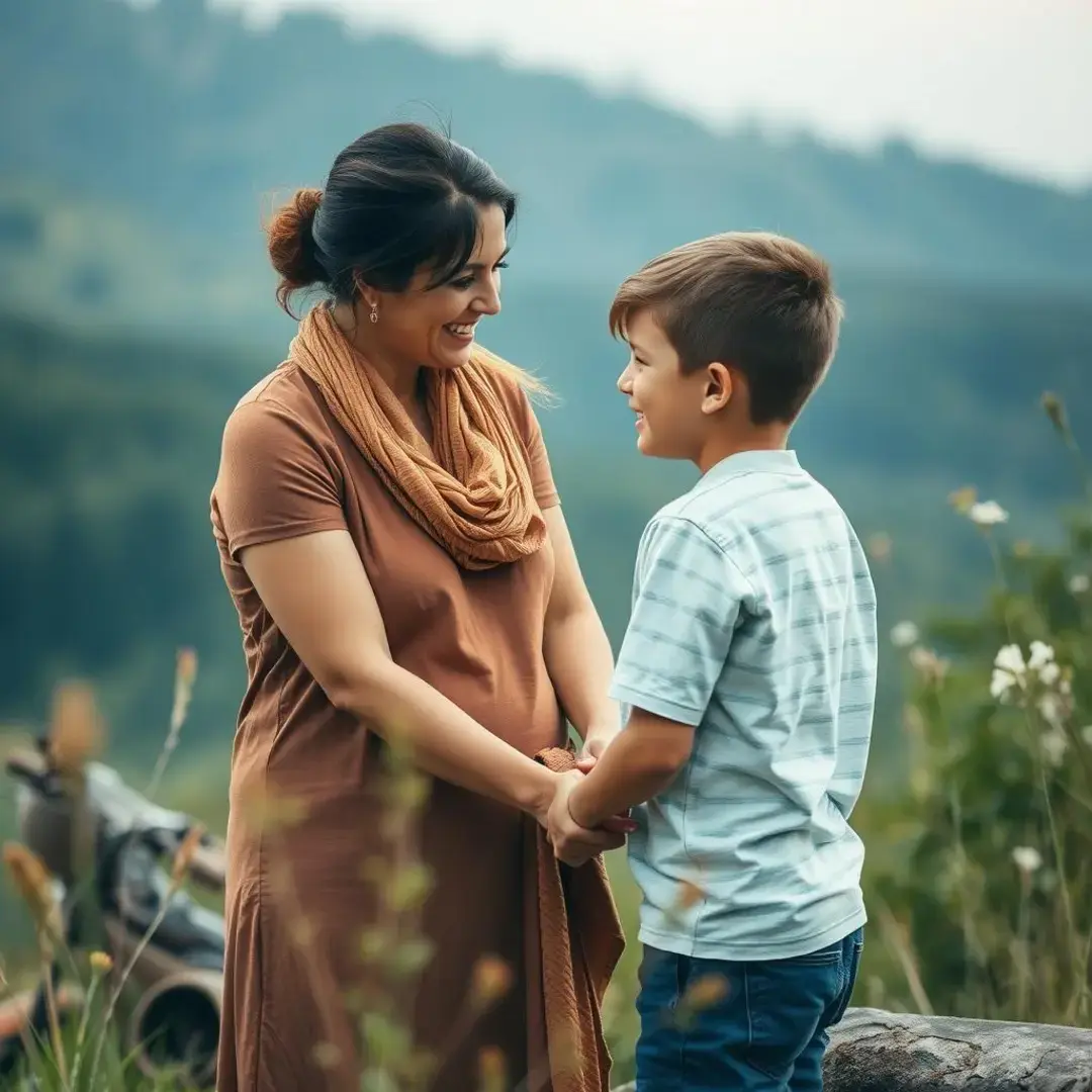 Mother and son sharing a heartfelt conversation in nature.