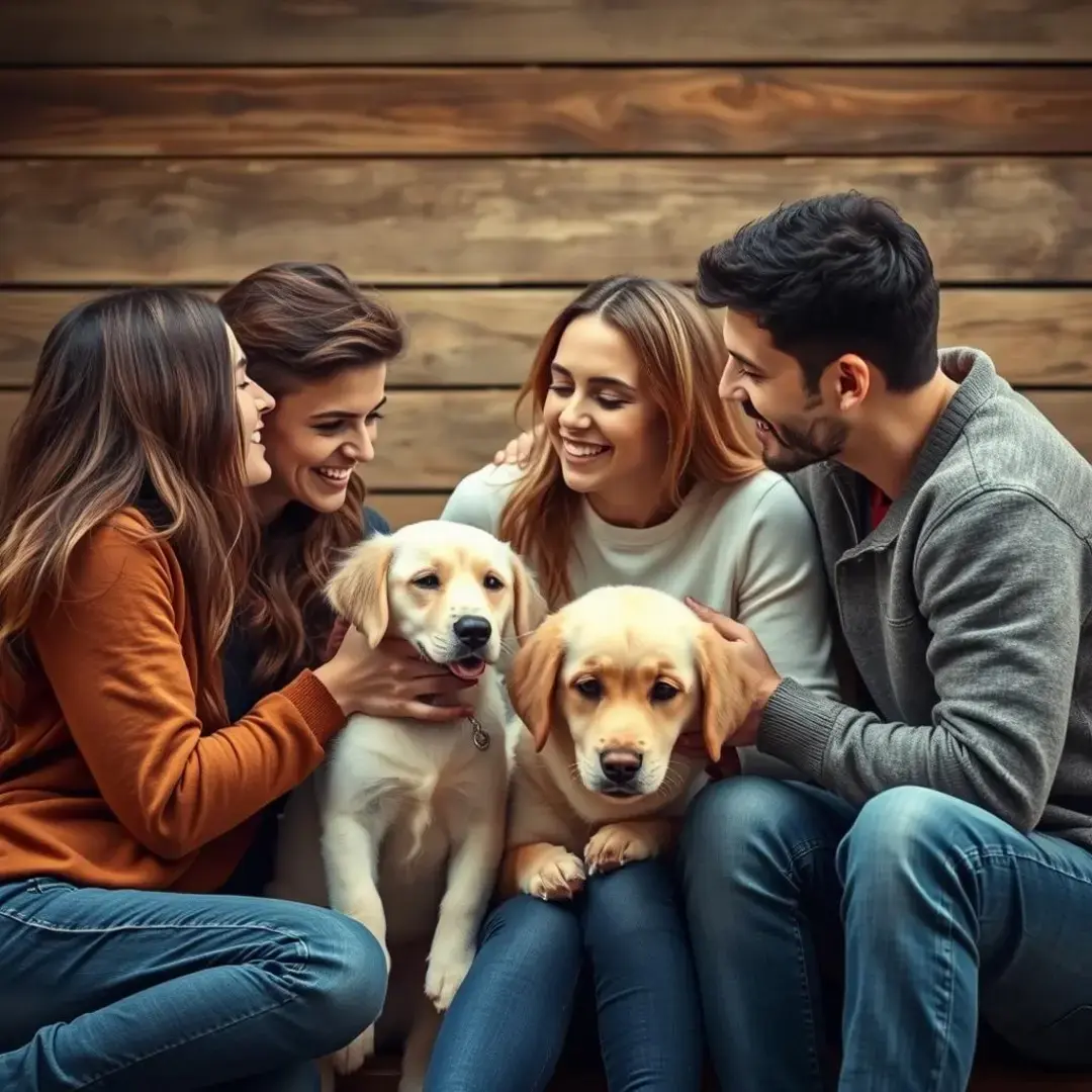 Couples, friends, family, and pets sharing affectionate moments together.