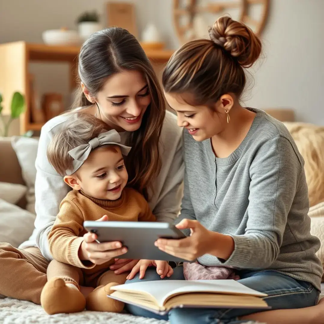 Mother guiding child with love, modern parenting tools visible.