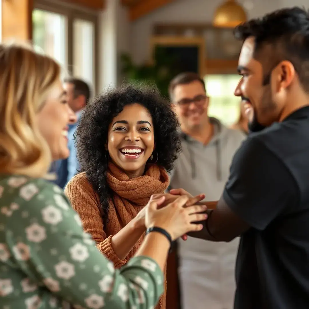 People smiling, sharing, and supporting each other warmly.