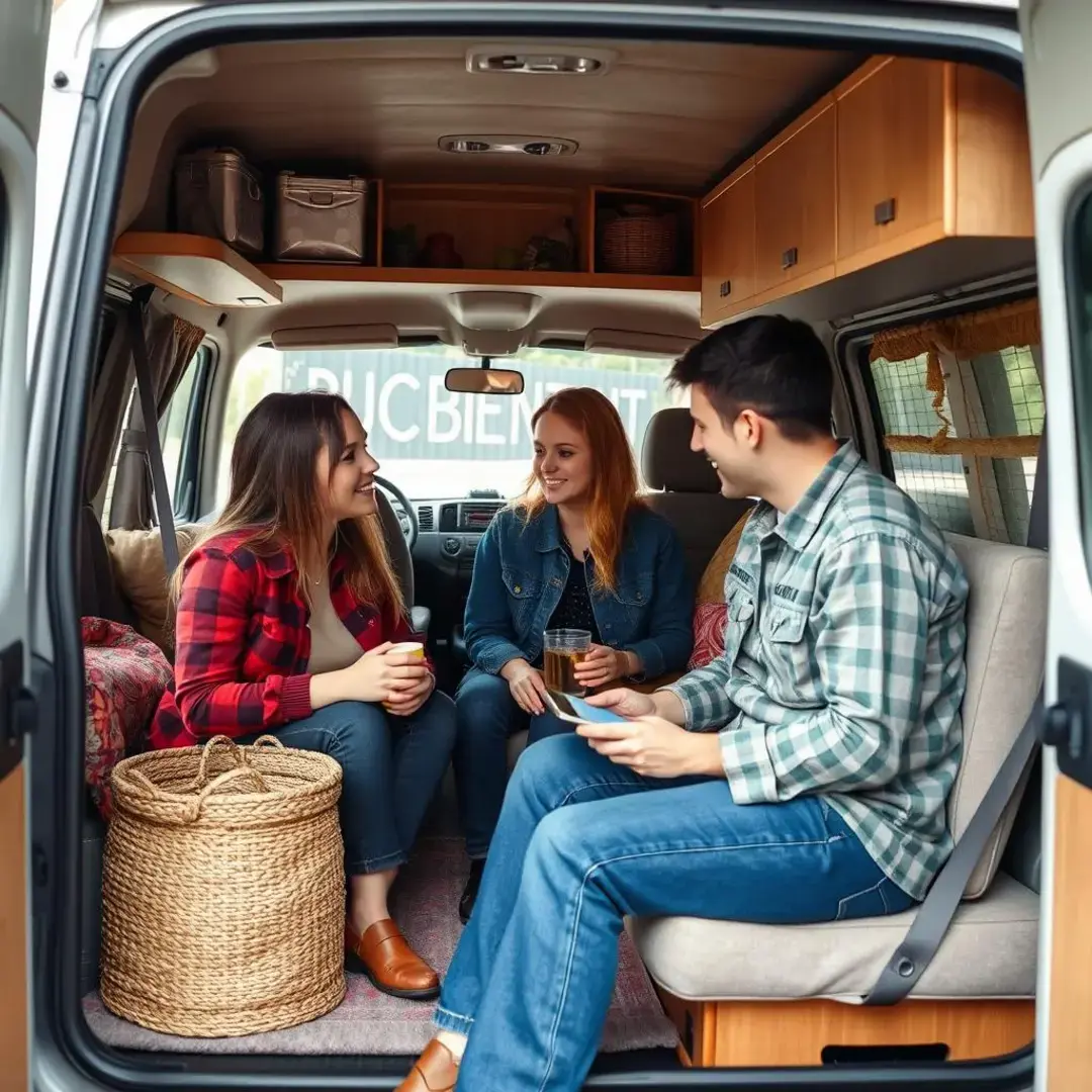 Van life scene with military spouse coaching elements, cozy vibes.