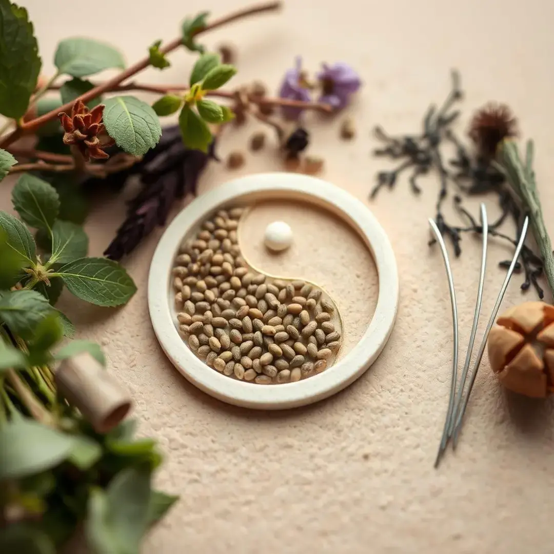 Herbs, acupuncture needles, yin-yang symbol, holistic wellness imagery.