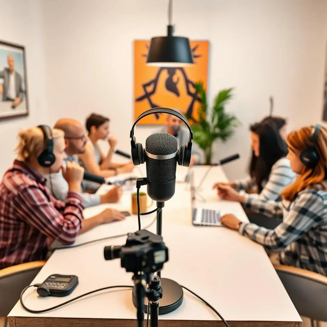 Microphone, headphones, diverse hosts, discussion table, engaging atmosphere.