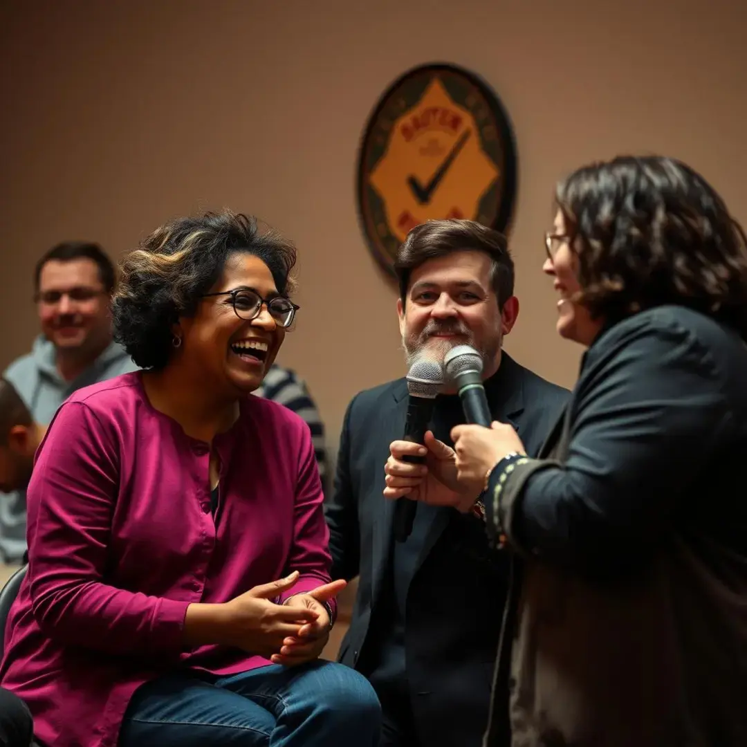 Comedians laughing, sharing insights, and fostering connection.