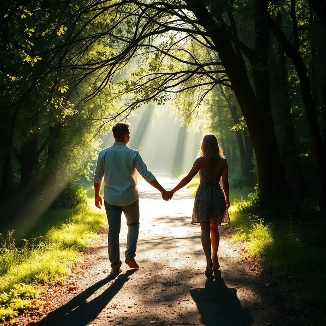 Two people holding hands, surrounded by light and nature.