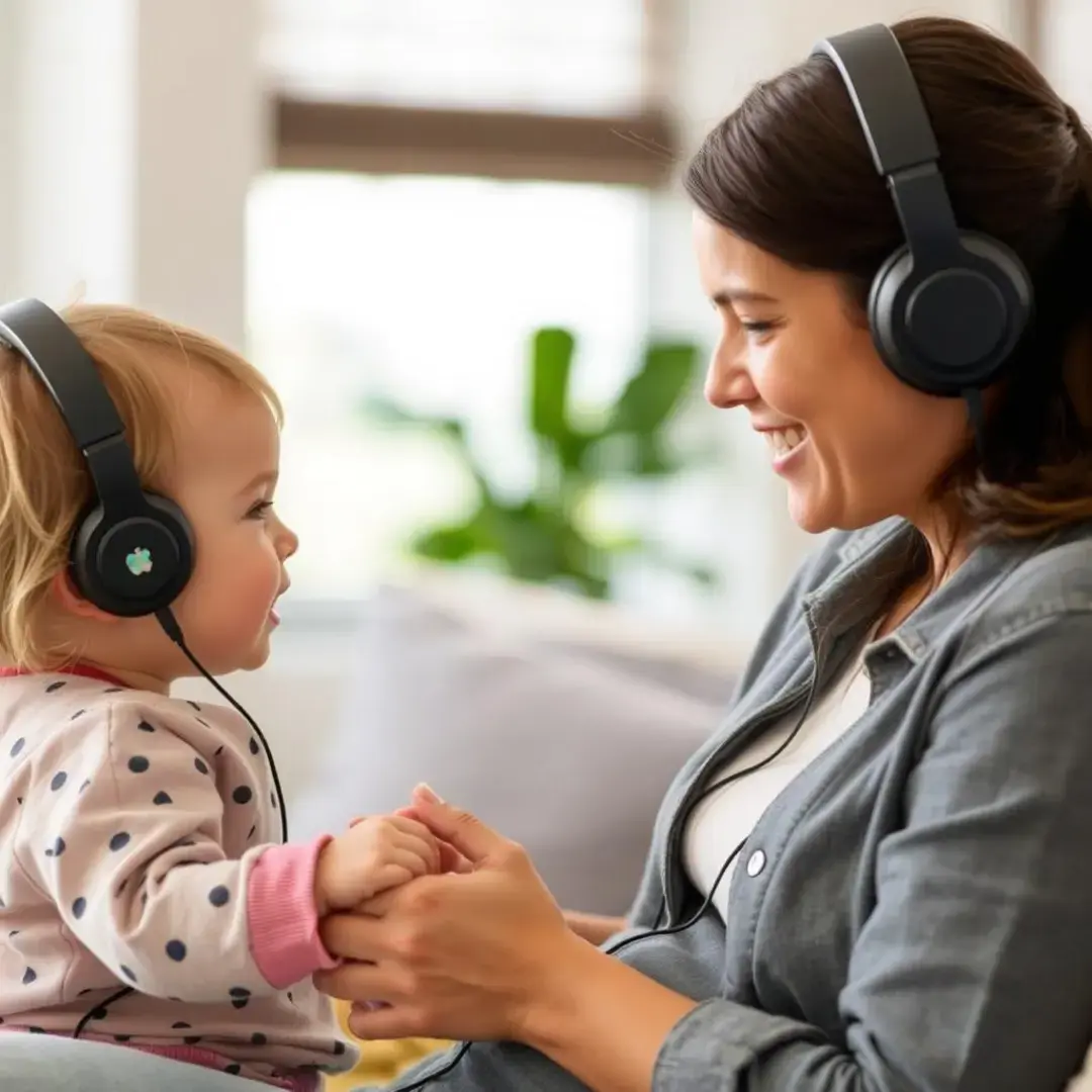 Mother with child, headphones on, discussing parenting challenges.