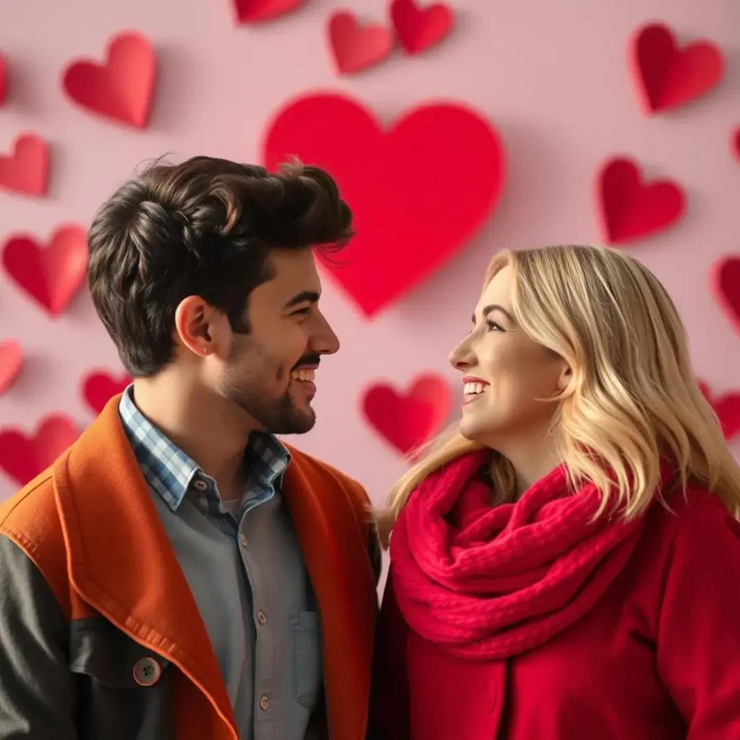 Two people talking, smiling, with a heart symbol backdrop.