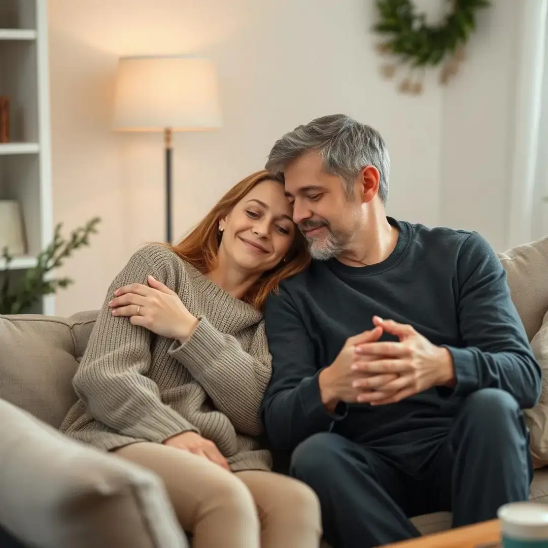 Couple discussing grief, cozy setting, supportive expressions, comforting atmosphere.