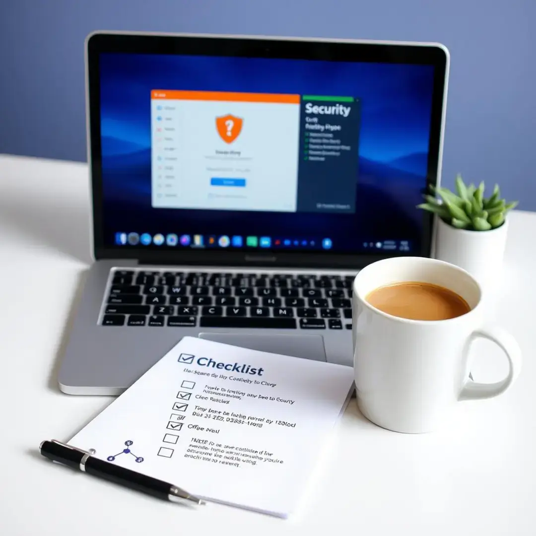 Laptop with security software, checklist, and coffee cup.