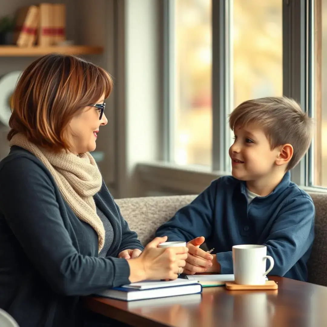 Mother and son talking, with notebooks and coffee mugs.