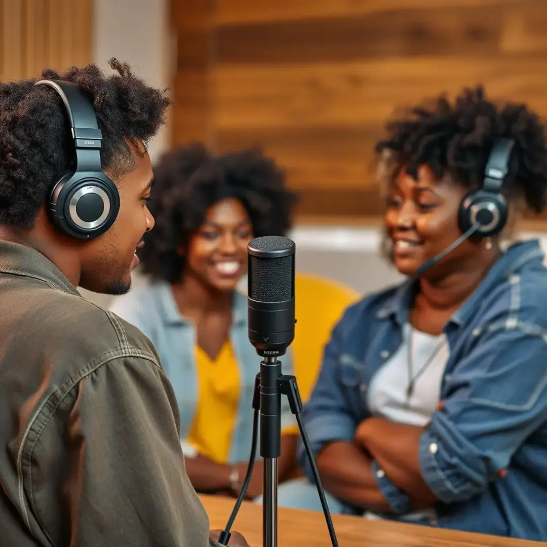 Microphone, headphones, diverse group discussing self-acceptance strategies.