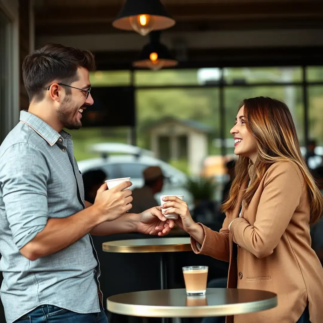 Couple holding hands, smiling, discussing over coffee.