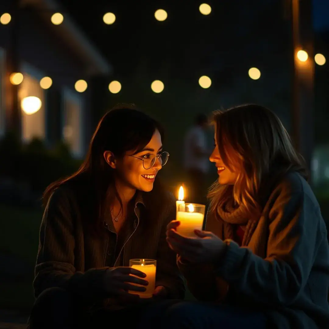 Candlelit couple sharing insights during a power outage.