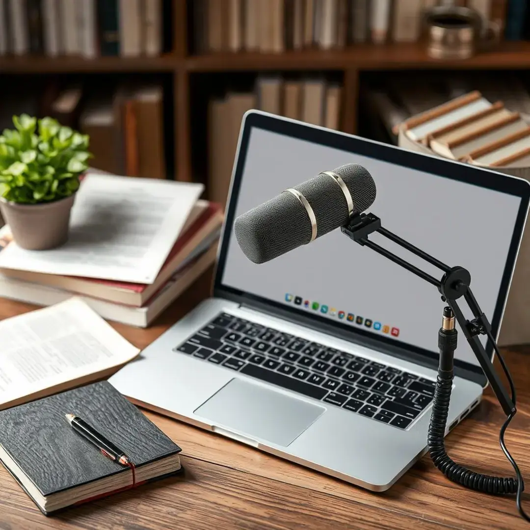 Podcast microphone, laptop, books, and digital safety tools.