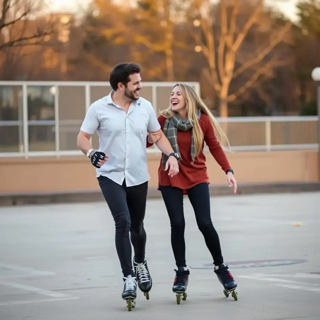 Couple roller skating together, enjoying connection and laughter.