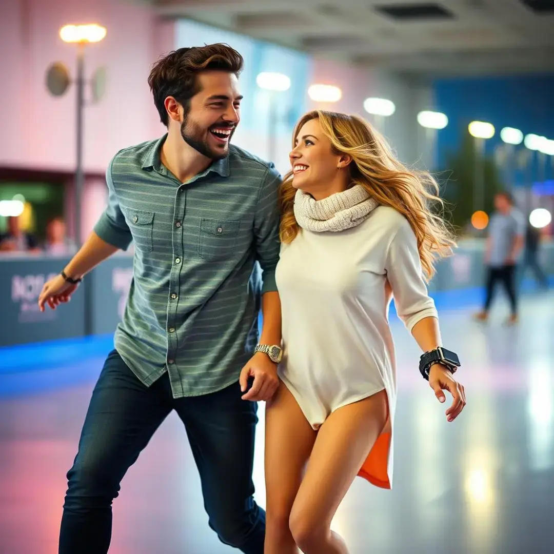 Couple roller skating, laughter, connection, vibrant atmosphere, joy.