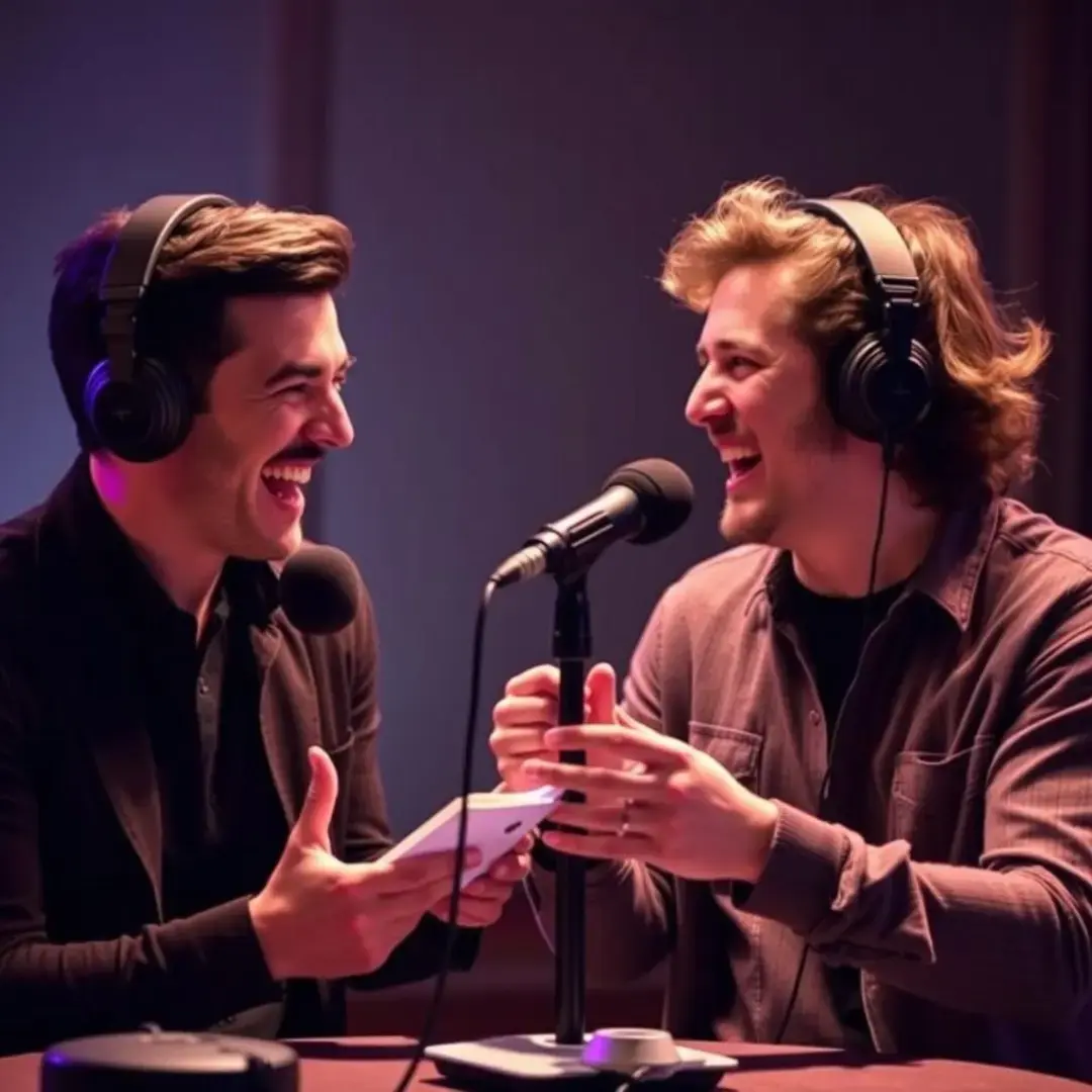 Two comedians laughing, sharing stories, with microphones and headphones.