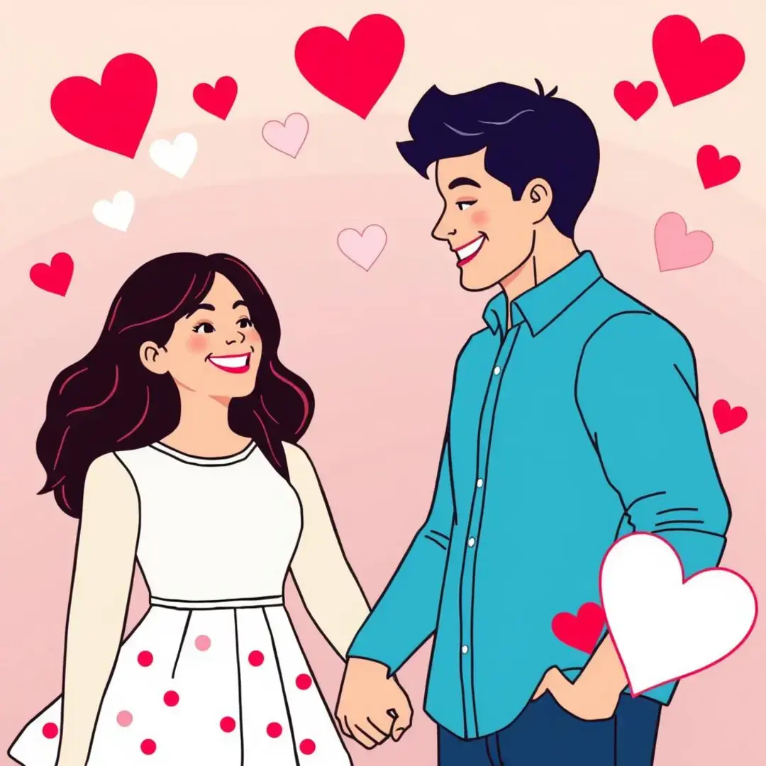 Two people holding hands, smiling, surrounded by hearts.