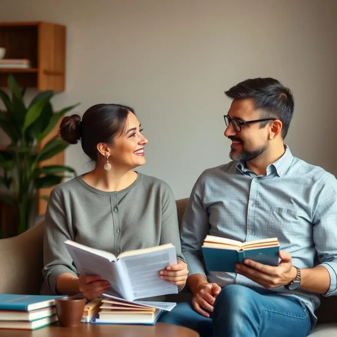 Couple discussing finances, books, and open communication.