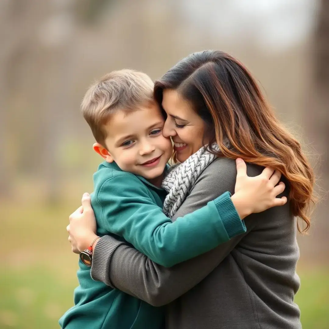 Mother and son sharing a warm, compassionate embrace.