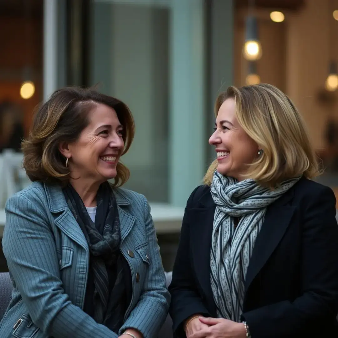 Two women engaging in deep conversation, sharing smiles and insights.