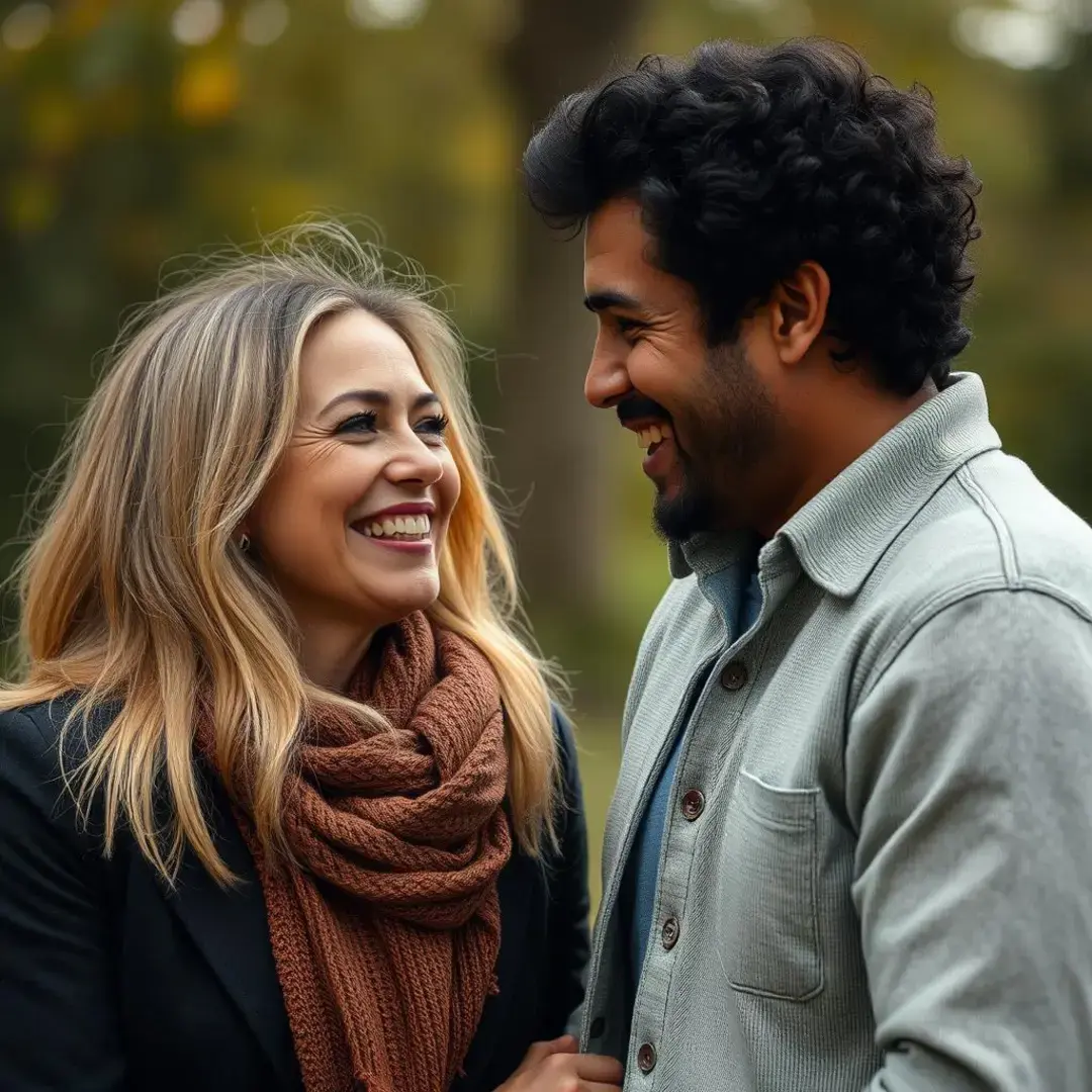 Two people smiling, engaged in deep conversation, sharing warmth.