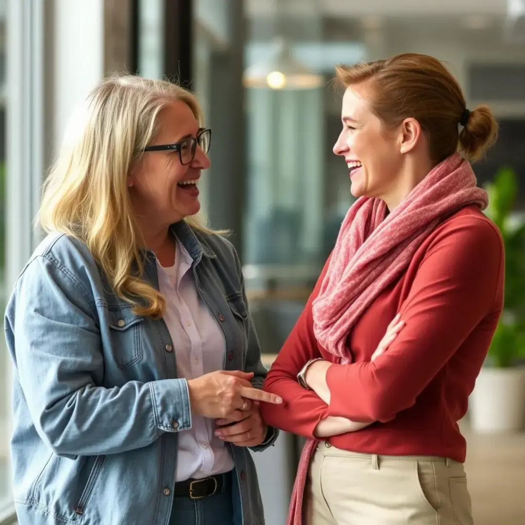 Two people engaged in conversation, sharing insights and smiles.