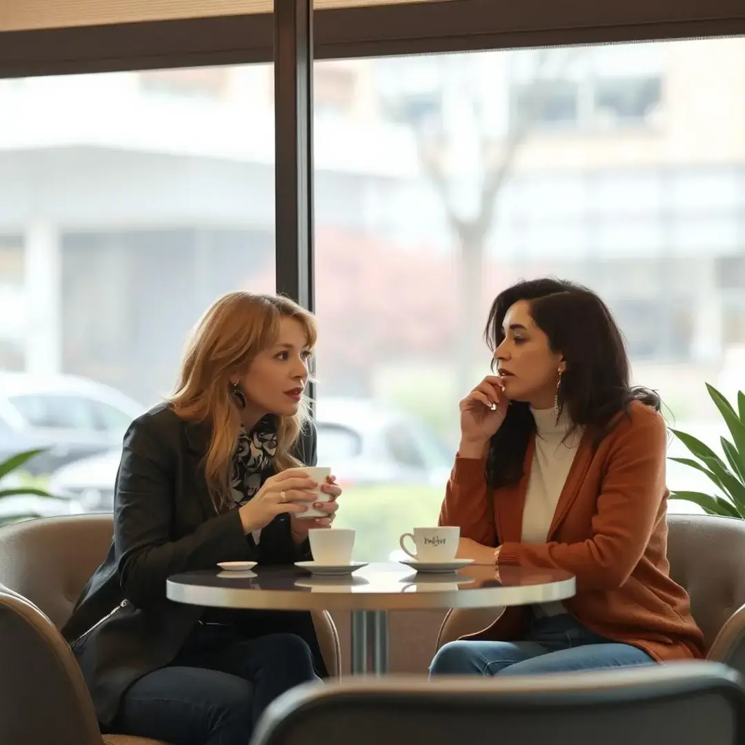 Two women discussing relationship strategies over coffee.