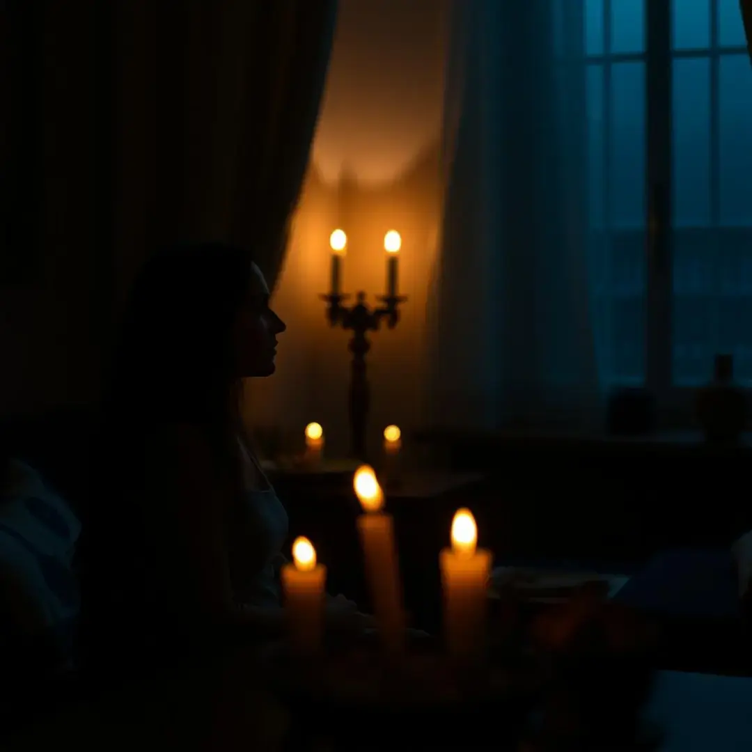 Dimly lit room, couple sharing intimate conversation, candles flickering.