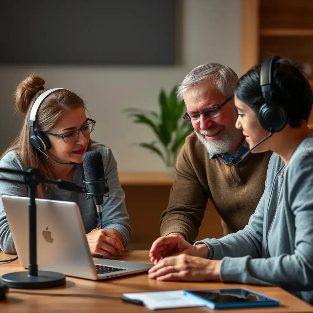 Microphone, headphones, laptop, caregivers discussing, technology's influence on relationships.