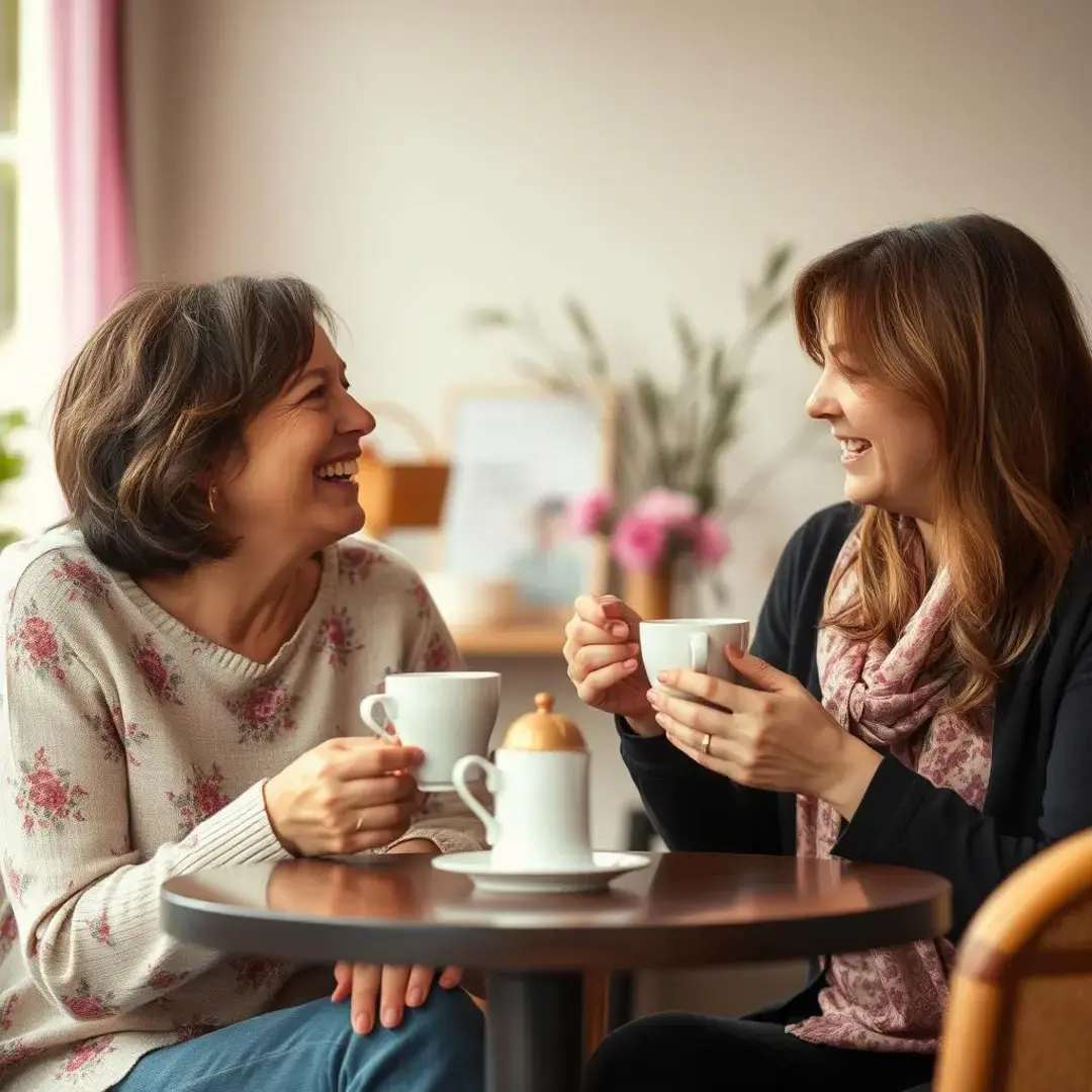 Two women sharing laughter, tea, and heartfelt conversation.