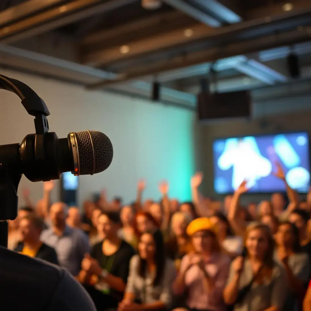 Microphone, headphones, diverse speakers, audience engaged, uplifting atmosphere.