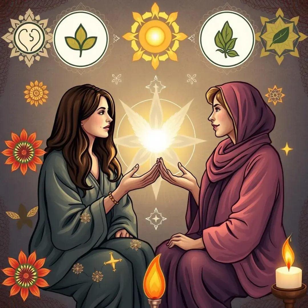 Two women discussing healing energy, surrounded by wellness symbols.