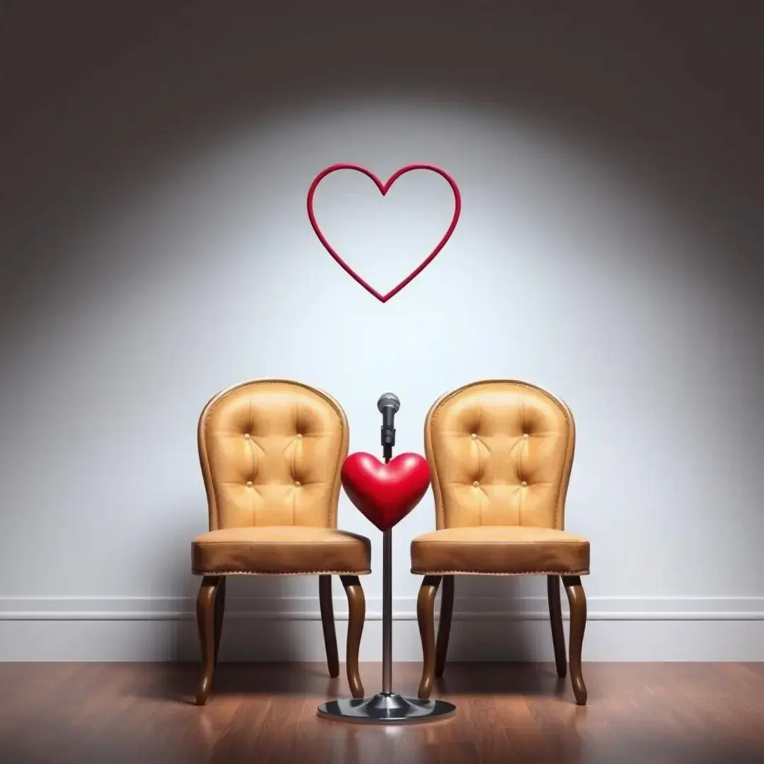 Two chairs, a microphone, and a heart symbolizing connection.