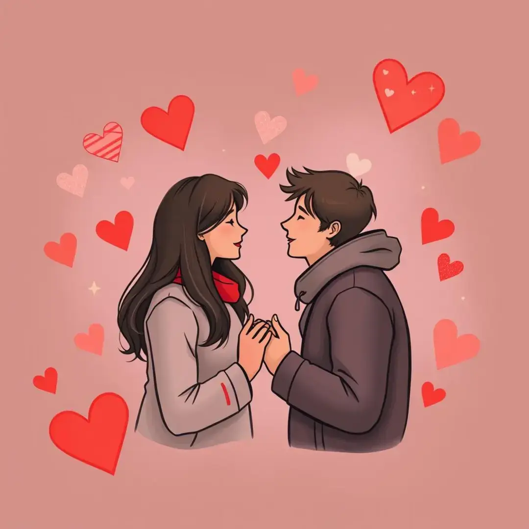 Two people sharing intimate conversation, surrounded by heart symbols.