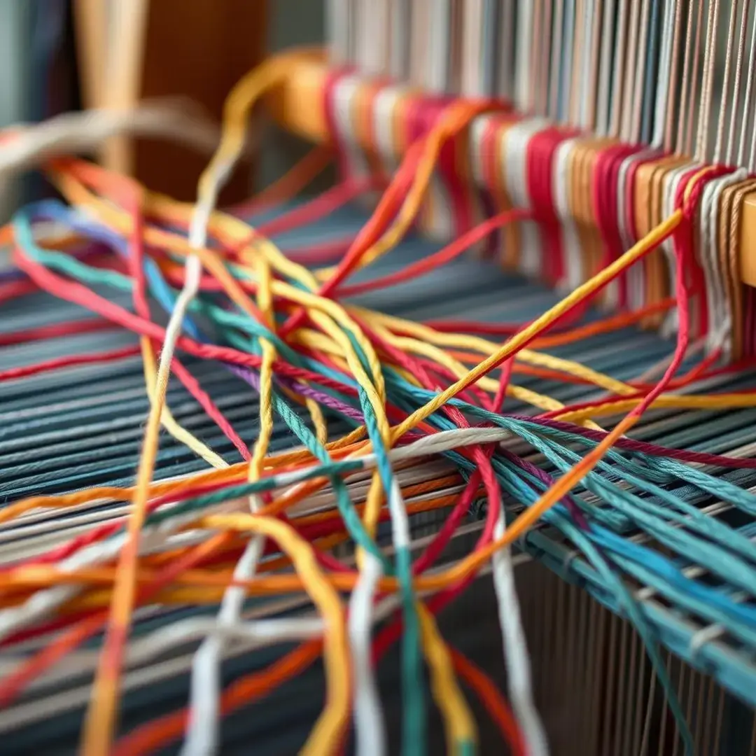 Colorful threads interlaced on a loom, symbolizing connections.