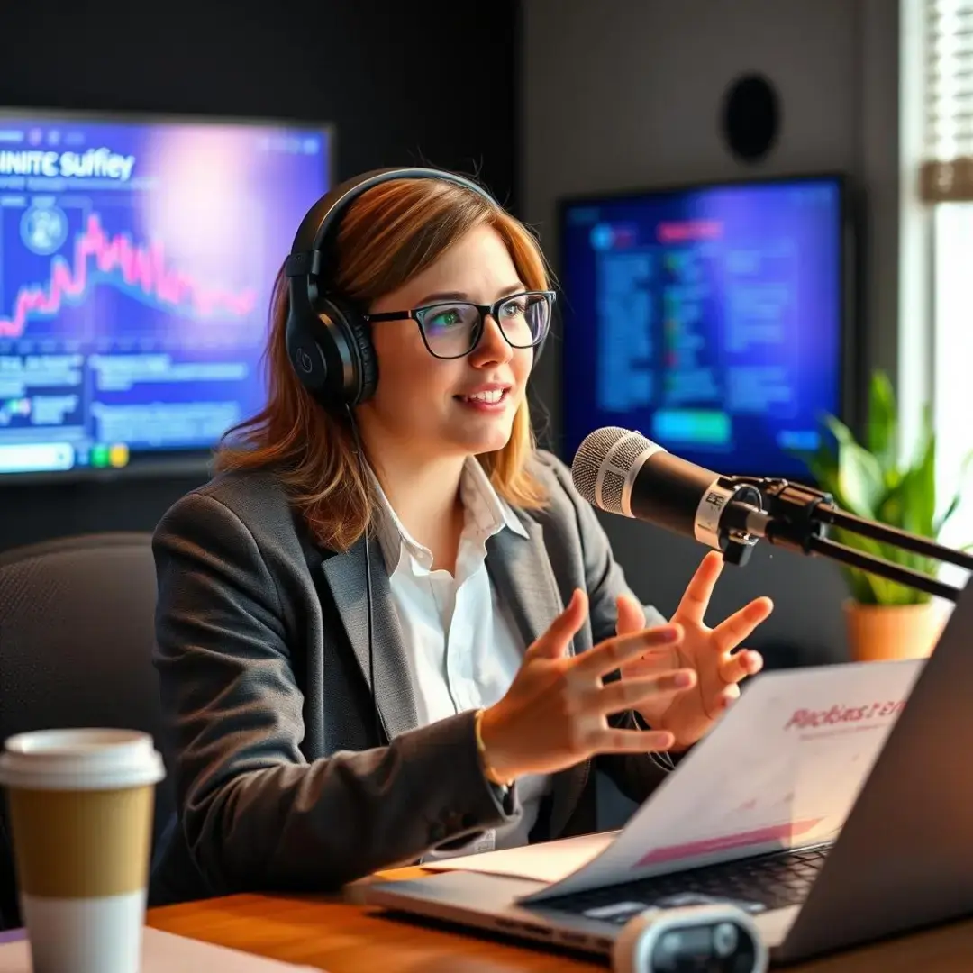 Podcast host with headphones discussing cyber safety tips.